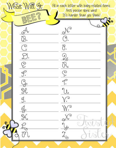 Baby Shower Games, What Will It BEE Baby Shower Games, Yellow and Grey Baby Shower Games, Baby Shower Bingo, Baby Prediction Guesses, Bees