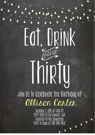 Adult Birthday Invitation, Fortieth birthday invite, Eat Drink and Be Forty, BBQ Invite, Light Strings, Chalkboard Birthday Invite, Lights