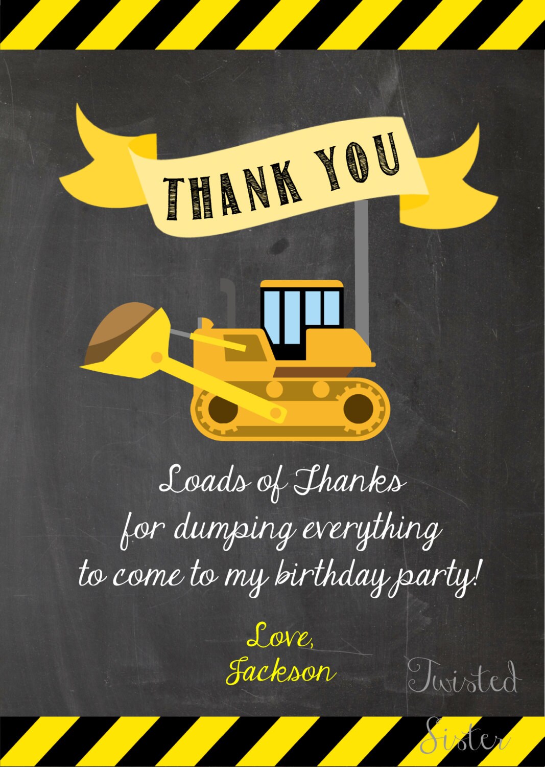 Construction Thank You Card, Construction Birthday Thank You, Construction Birthday Party, Chalkboard Thank You, Thank You Card Construction