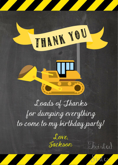 Construction Thank You Card, Construction Birthday Thank You, Construction Birthday Party, Chalkboard Thank You, Thank You Card Construction