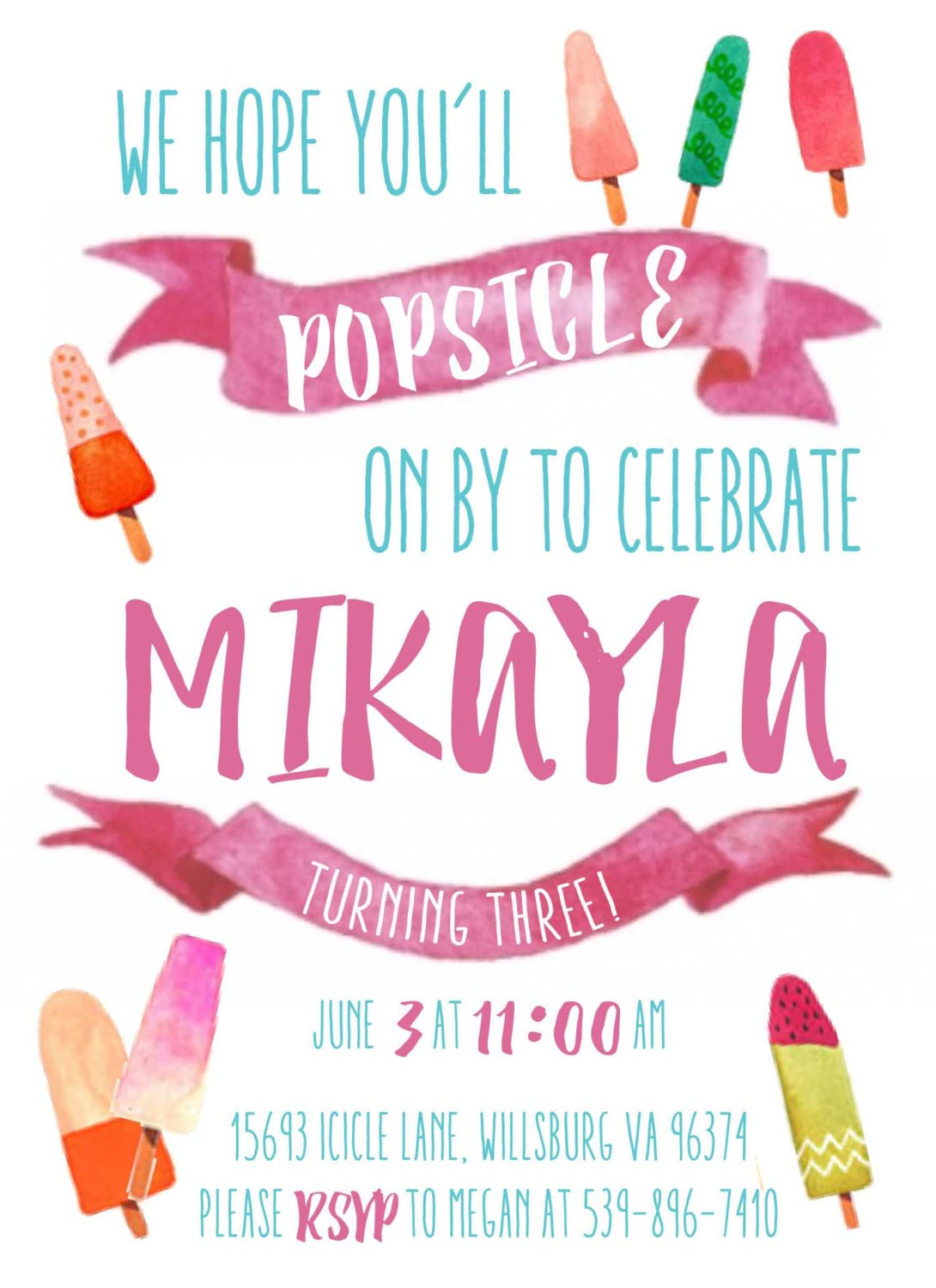 Popsicle Invitation, Popsicle Party, Popsicle Invite, Summer Birthday Invitation, Watercolor Popsicle, Popsicle Birthday Party, Third Bday