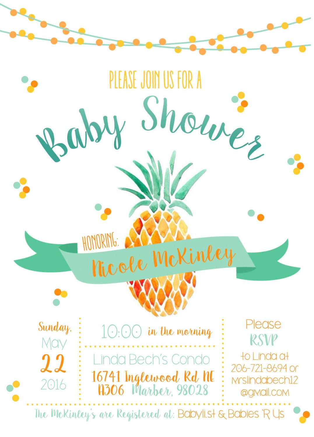 Pineapple Invitation, Pineapple Baby Shower Invitation, Pineapple Baby Shower, Luau Baby Shower invitation, Pineapple Invite, Bridal Shower